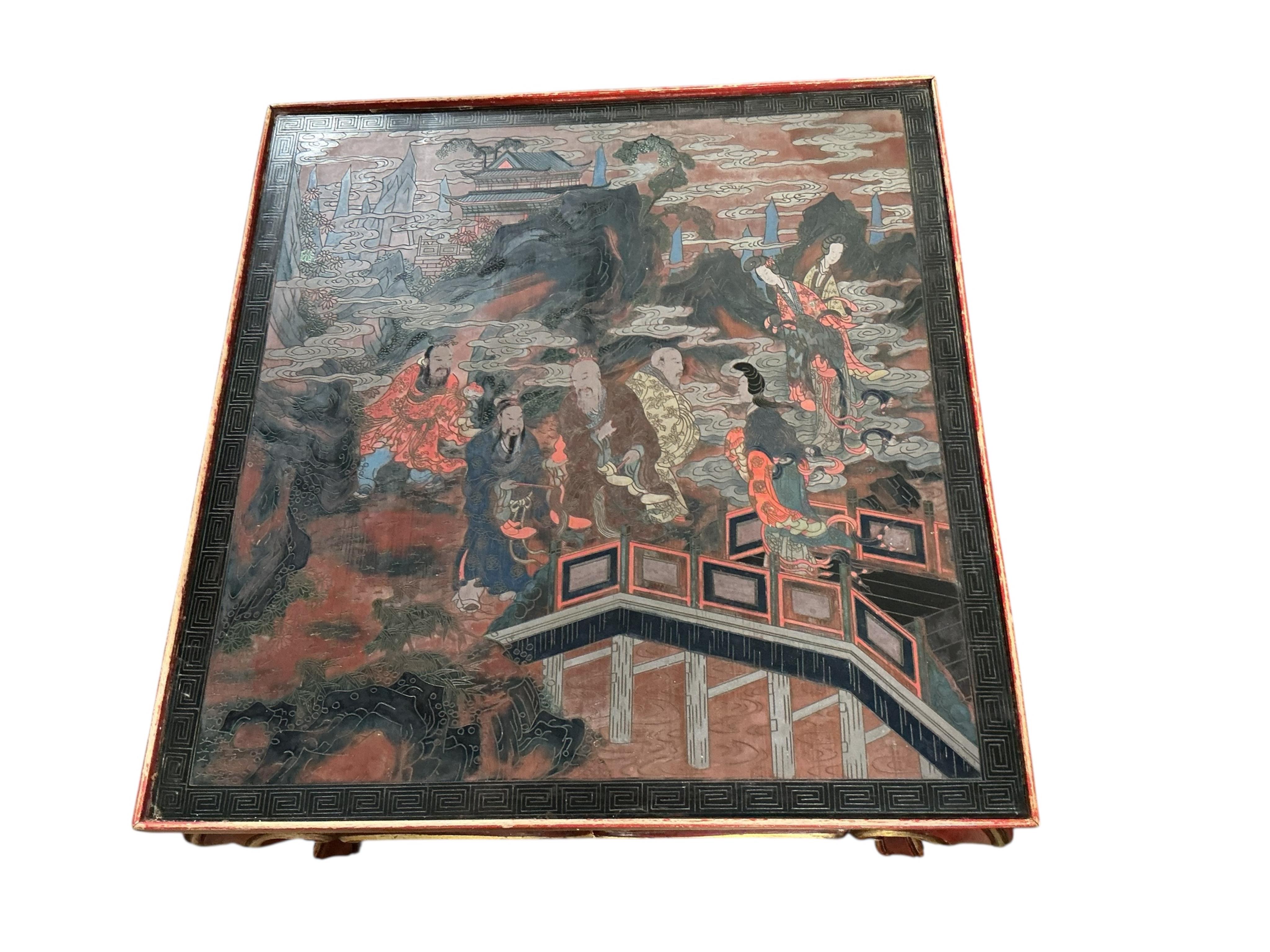 A 19th century and later Chinese polychrome coromandel lacquer panel inset coffee table, width 60cm, depth 63cm, height 38cm